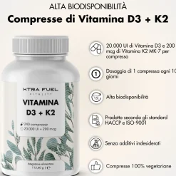 XTRA FUEL | Vitamina D3 + K2 - Compresse con 20.000 UI + 200 mcg MK-7