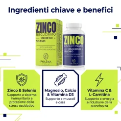 Zinco bisglicinato 15mg con Calcio, Vitamina C, Magnesio, Selenio, Vitamina D3, L-carnitina e Rame